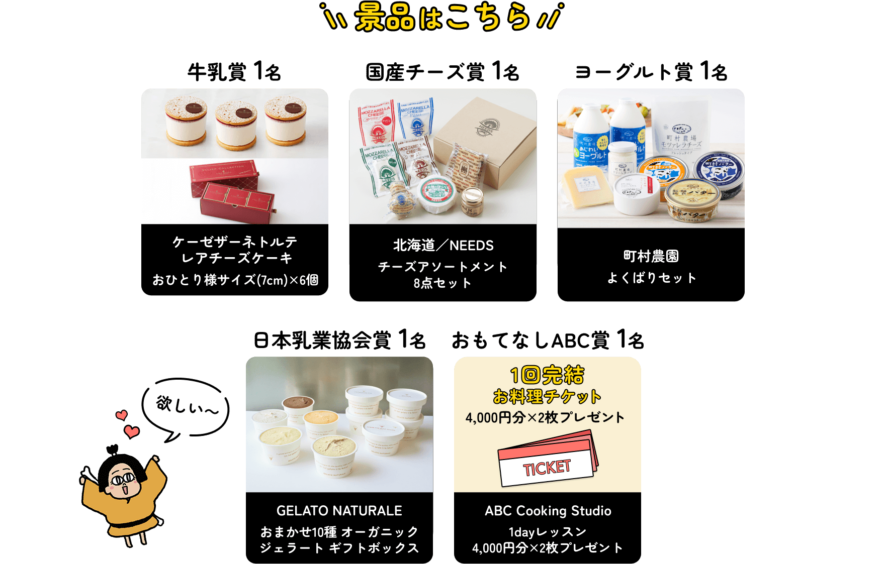 景品はこちら　牛乳賞 1名：ケーゼザーネトルテレアチーズケーキ おひとり様サイズ(7cm)×6個　国産チーズ賞 1名：北海道／NEEDS チーズアソートメント8点セット　ヨーグルト賞 1名：町村農園 よくばりセット　日本乳業協会賞 1名：GELATO NATURALE おまかせ10種 オーガニックジェラート ギフトボックス　おもてなしABC賞 1名：ABC Cooking Studio 1dayレッスン4,000円分×2枚プレゼント