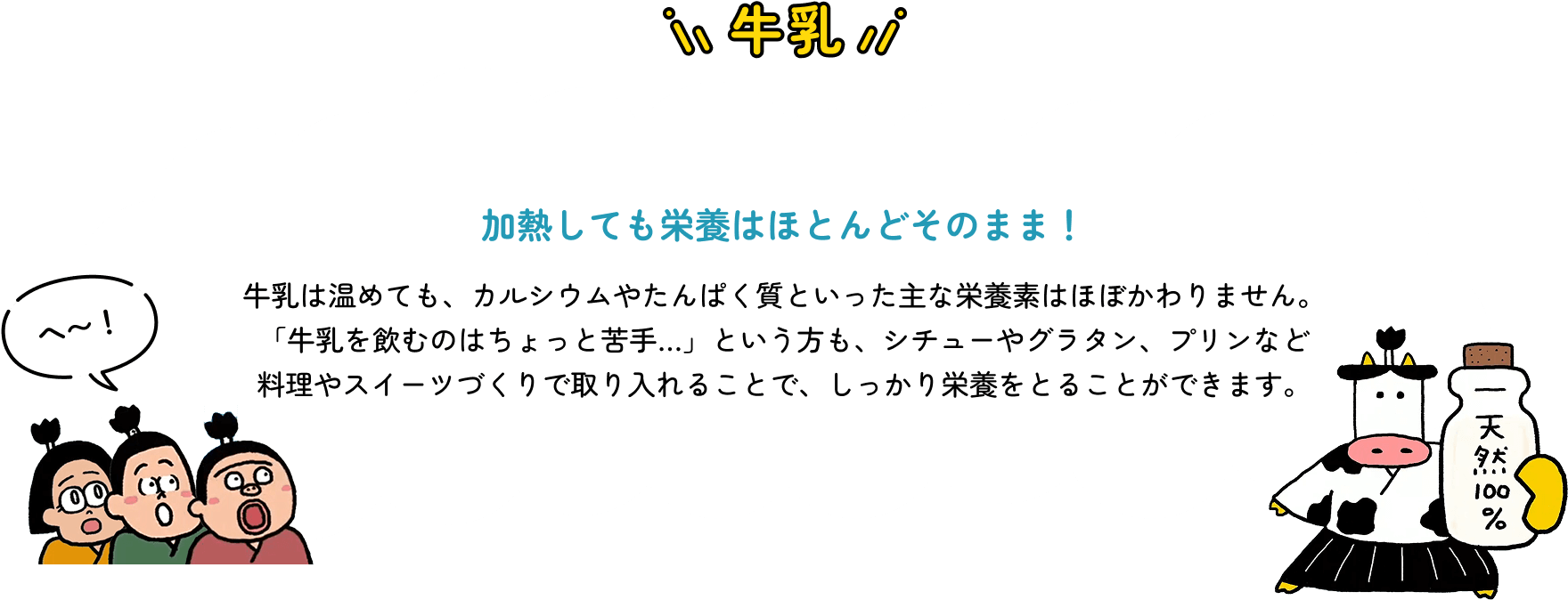 牛乳　加熱しても栄養はほとんどそのまま！　牛乳は温めても、カルシウムやたんぱく質といった主な栄養素はほぼかわりません。「牛乳を飲むのはちょっと苦手…」という方も、シチューやグラタン、プリンなど料理やスイーツづくりで取り入れることで、しっかり栄養をとることができます。