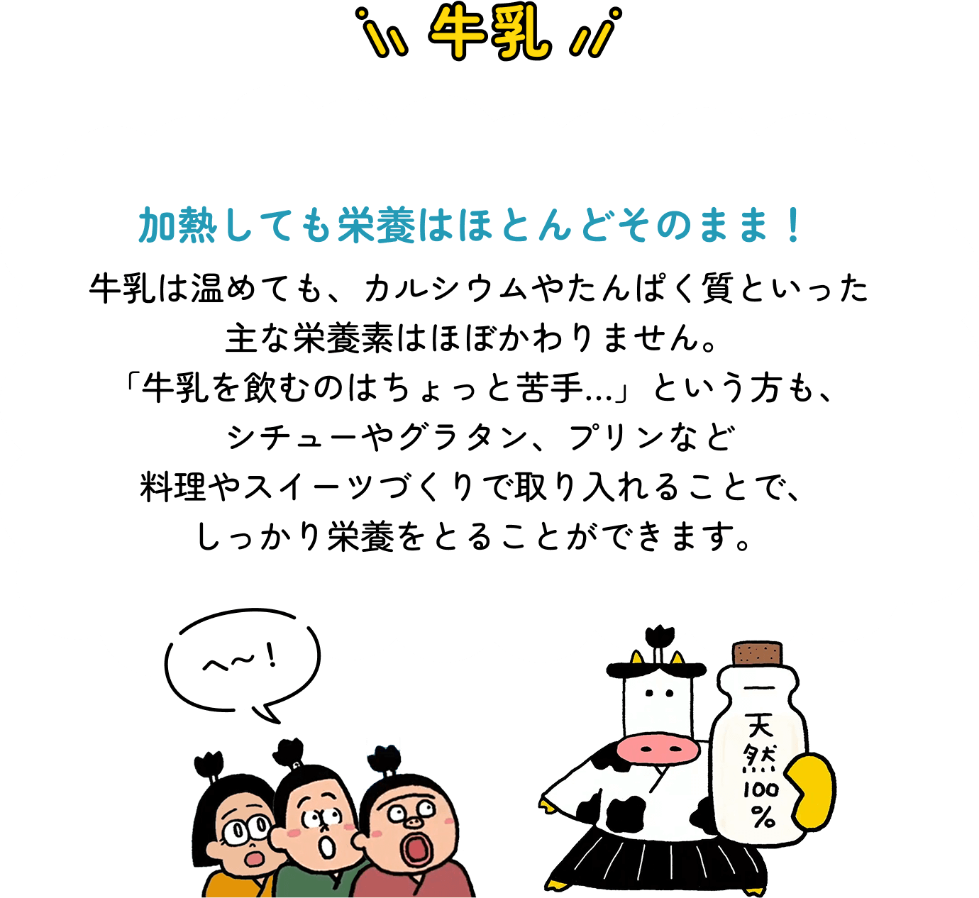 牛乳　加熱しても栄養はほとんどそのまま！　牛乳は温めても、カルシウムやたんぱく質といった主な栄養素はほぼかわりません。「牛乳を飲むのはちょっと苦手…」という方も、シチューやグラタン、プリンなど料理やスイーツづくりで取り入れることで、しっかり栄養をとることができます。