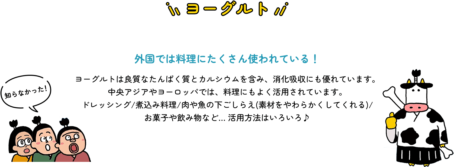 ヨーグルト　外国では料理にたくさん使われている！　ヨーグルトは良質なたんぱく質とカルシウムを含み、消化吸収にも優れています。中央アジアやヨーロッパでは、料理にもよく活用されています。ドレッシング/煮込み料理/肉や魚の下ごしらえ(素材をやわらかくしてくれる)/お菓子や飲み物など… 活用方法はいろいろ♪